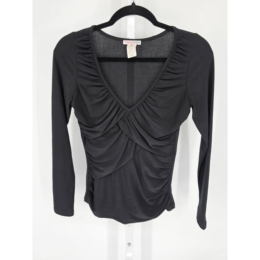 2000s Georgiou Studio Womens Sz S Long Sleeve Fitted Black V Neck Top